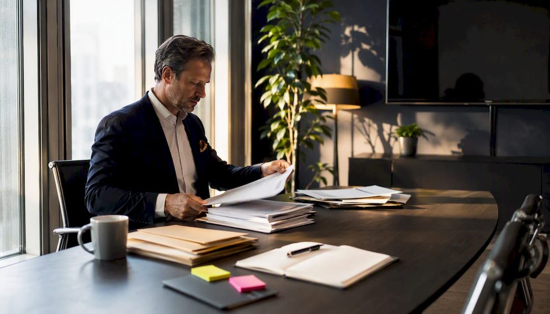 Jemand sortiert sorgfältig Due-Diligence-Unterlagen auf dem Schreibtisch.