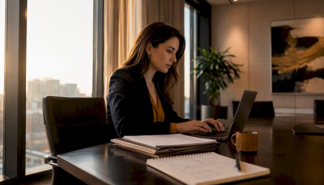 Eine Geschäftsfrau arbeitet am Laptop und bereitet die Due-Diligence-Prüfung vor.
