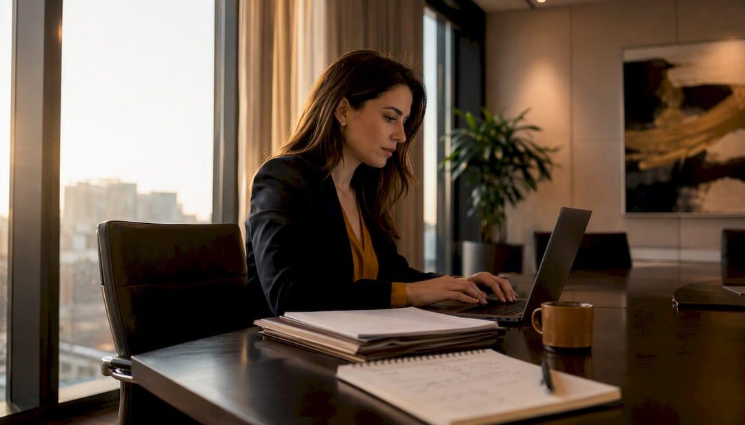 Eine Geschäftsfrau arbeitet am Laptop und bereitet die Due-Diligence-Prüfung vor.