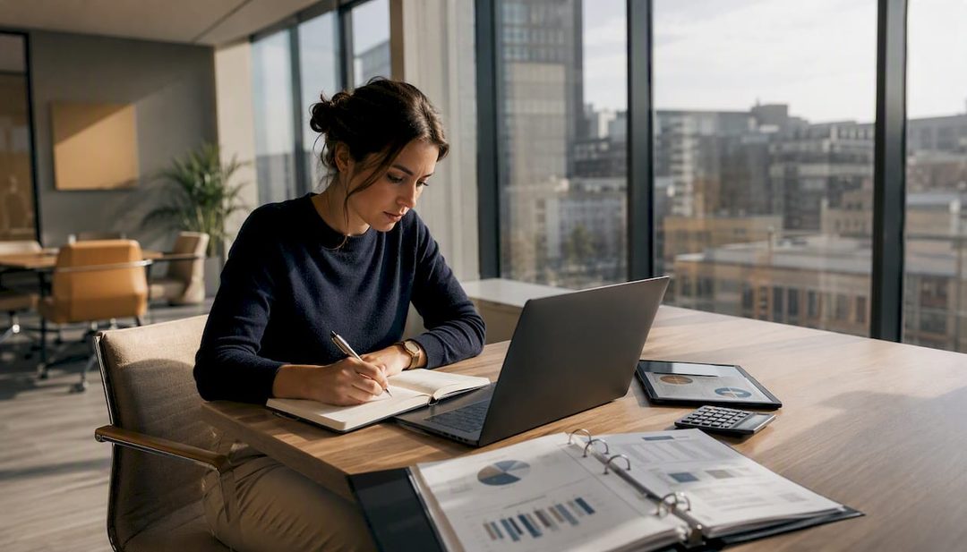 Eine Mitarbeiterin prüft am Laptop die Finanzdaten eines mittelständischen Unternehmens.