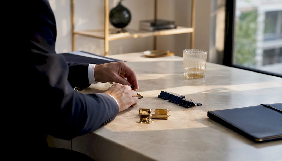 Mit geschickten Händen werden goldene Büroklammern ordentlich auf dem Schreibtisch sortiert.