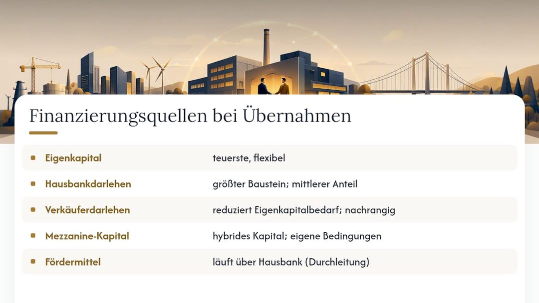 Diagramm mit fünf Finanzierungsmöglichkeiten für den Unternehmenskauf