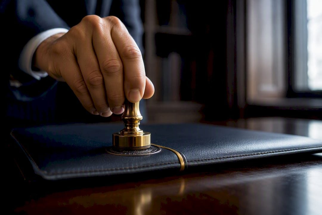 Notar prägt das Siegel auf die Urkundenmappe