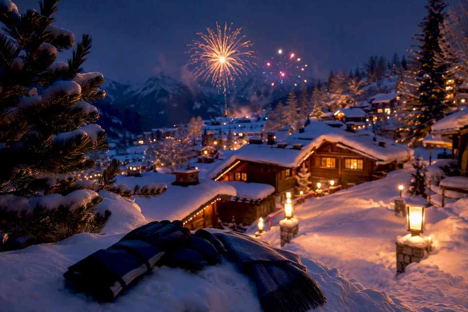 Torchlit mountain slope and fireworks on New Year's Eve