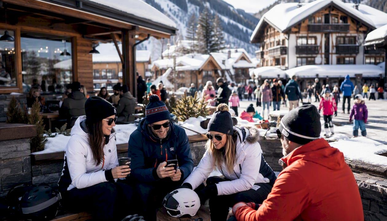 Groups walking through ski village during holiday
