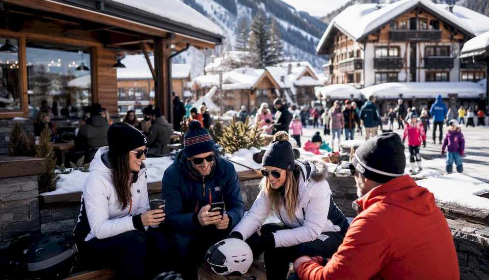 Groups walking through ski village during holiday