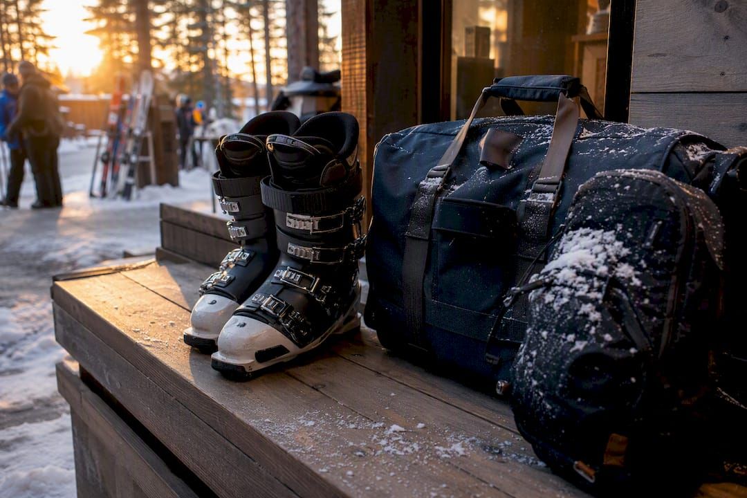 Skischuhe und Reisetasche an einem verschneiten Skiort