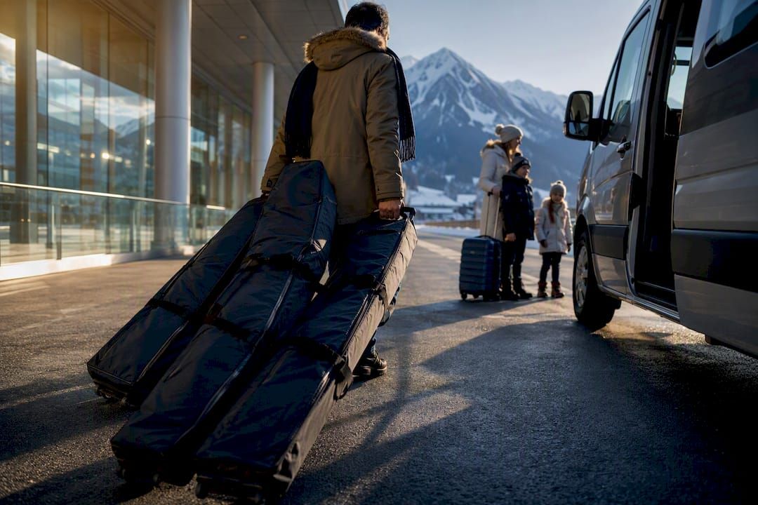 Family meeting ski transfer at alpine airport