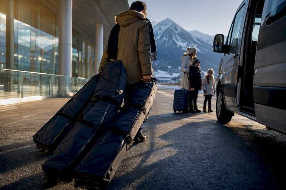 Family meeting ski transfer at alpine airport