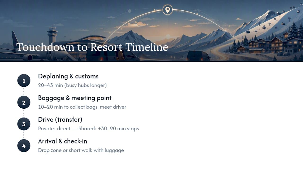 Four-stage airport to resort transfer timeline