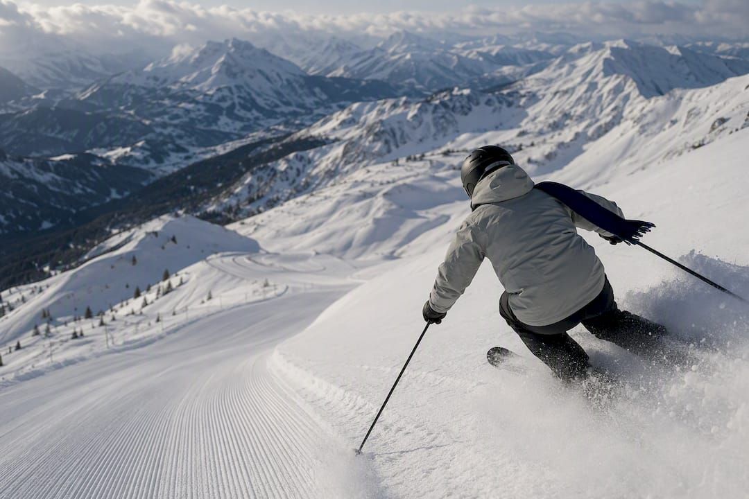 Skier turning through February alpine powder