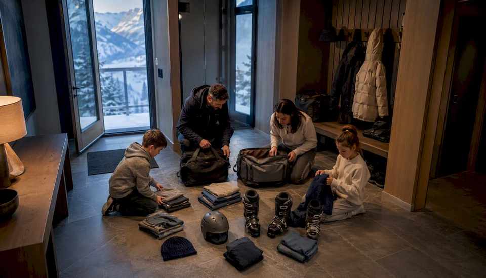 Family organizing gear in mountain condo