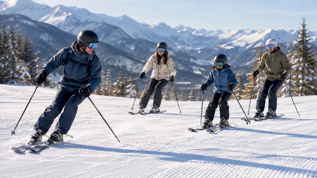 Instructor leading small group ski lesson
