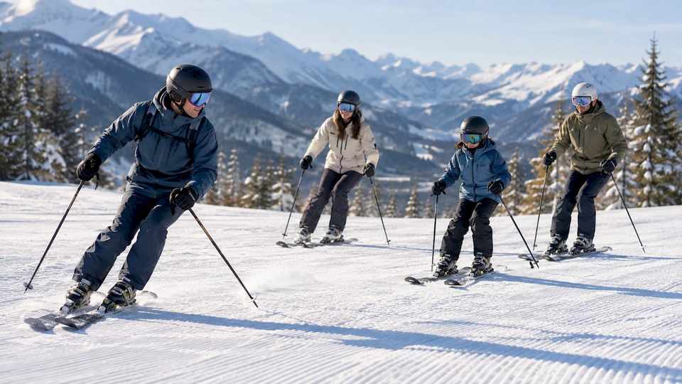 Instructor leading small group ski lesson