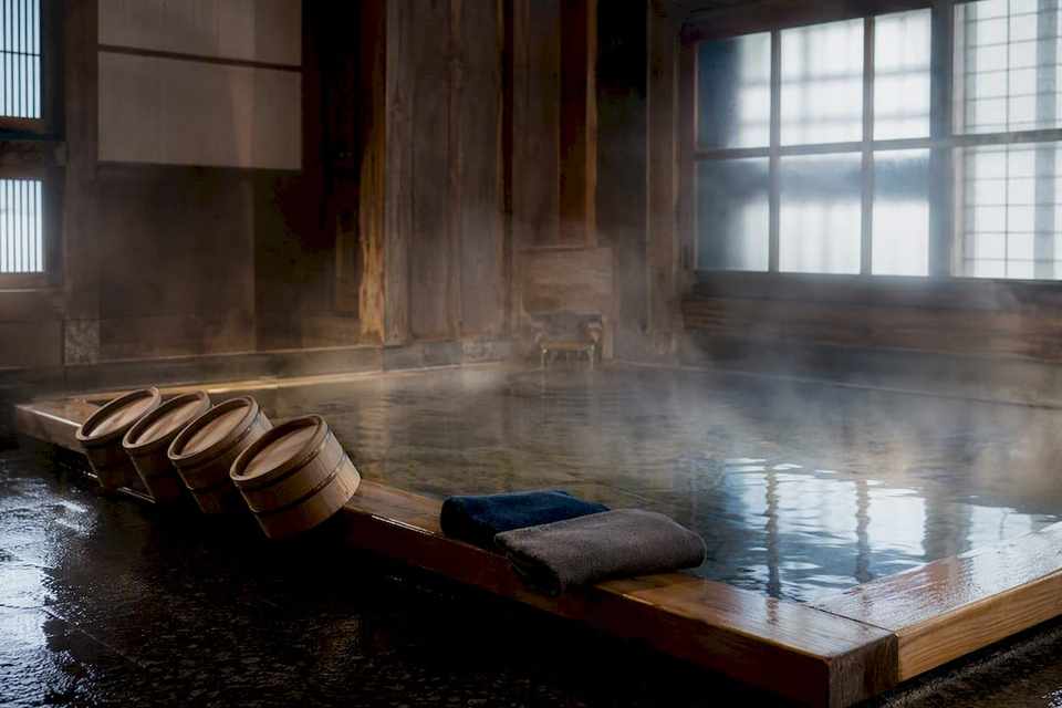 Traditional Japanese onsen bathing room