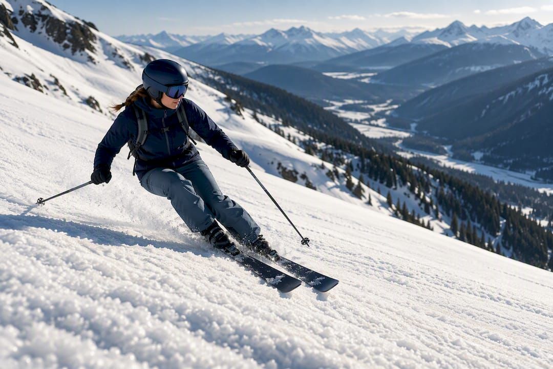 Skier carving through sun-softened spring corn snow