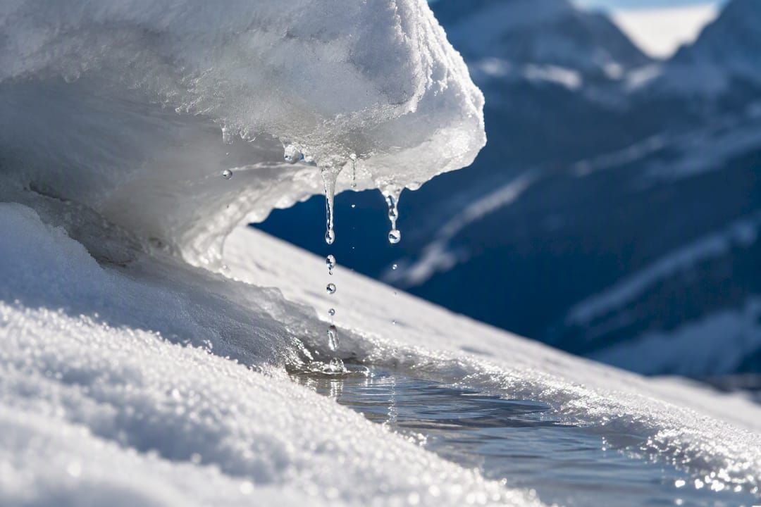 Meltwater dripping from a spring snow cornice
